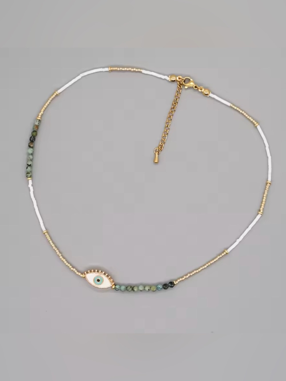 Gold-Tone White and Green Beaded Eye Charm Necklace
